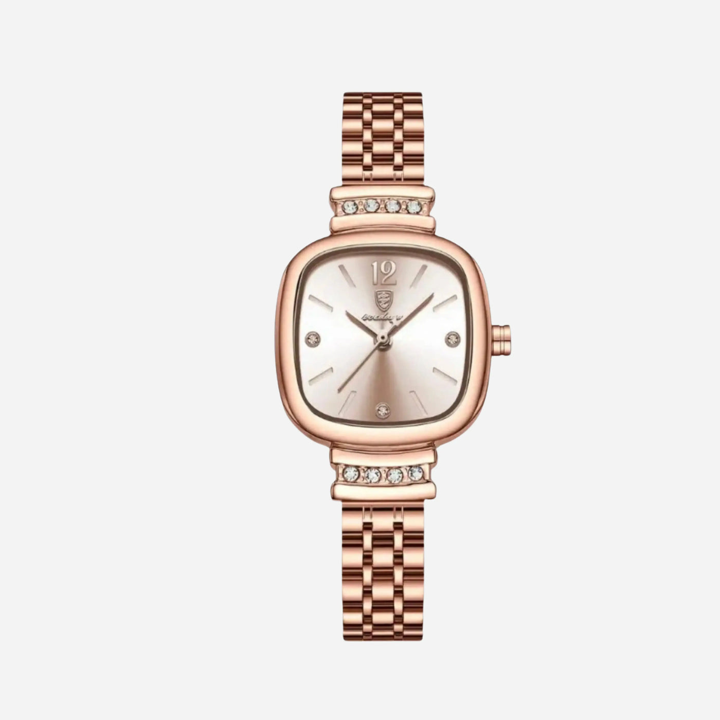 Reloj Cuadrado Roselia en oro rosa con esfera clara sobre fondo blanco