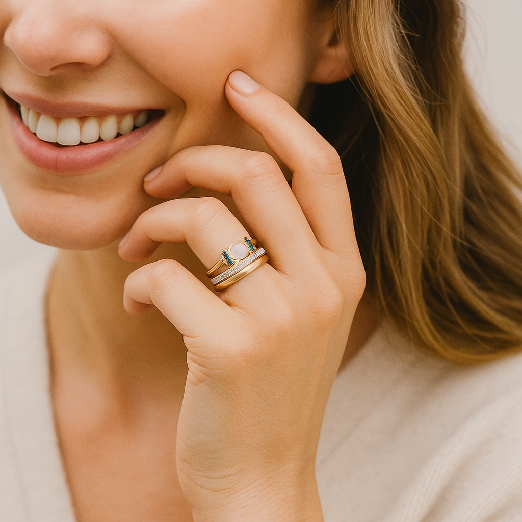 Modelo luciendo el Trío de Anillos Aurora Azul junto al rostro