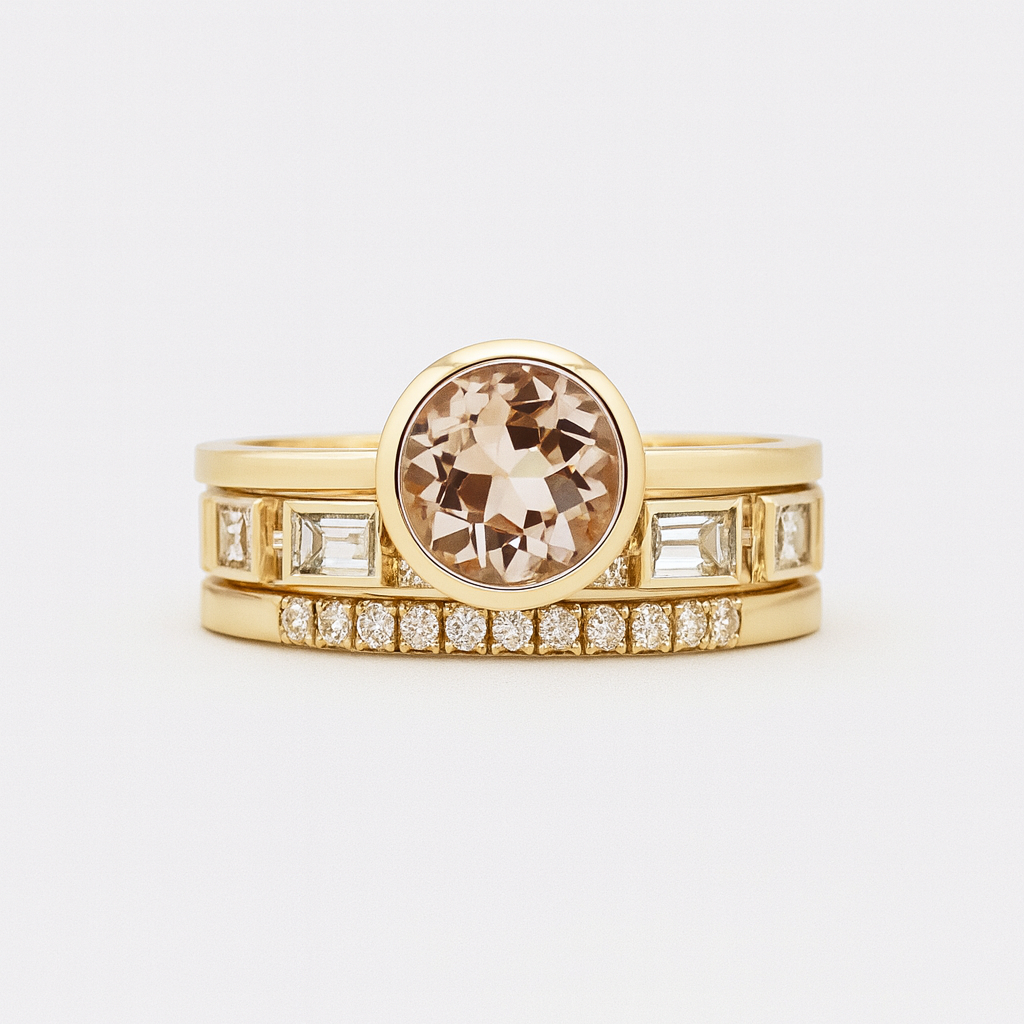 Trío de Anillos con Cristales Serena dorados sobre fondo blanco con un reflejo suave