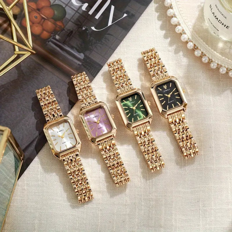 Cuatro variantes del Reloj Rectangular Liora con pulsera dorada