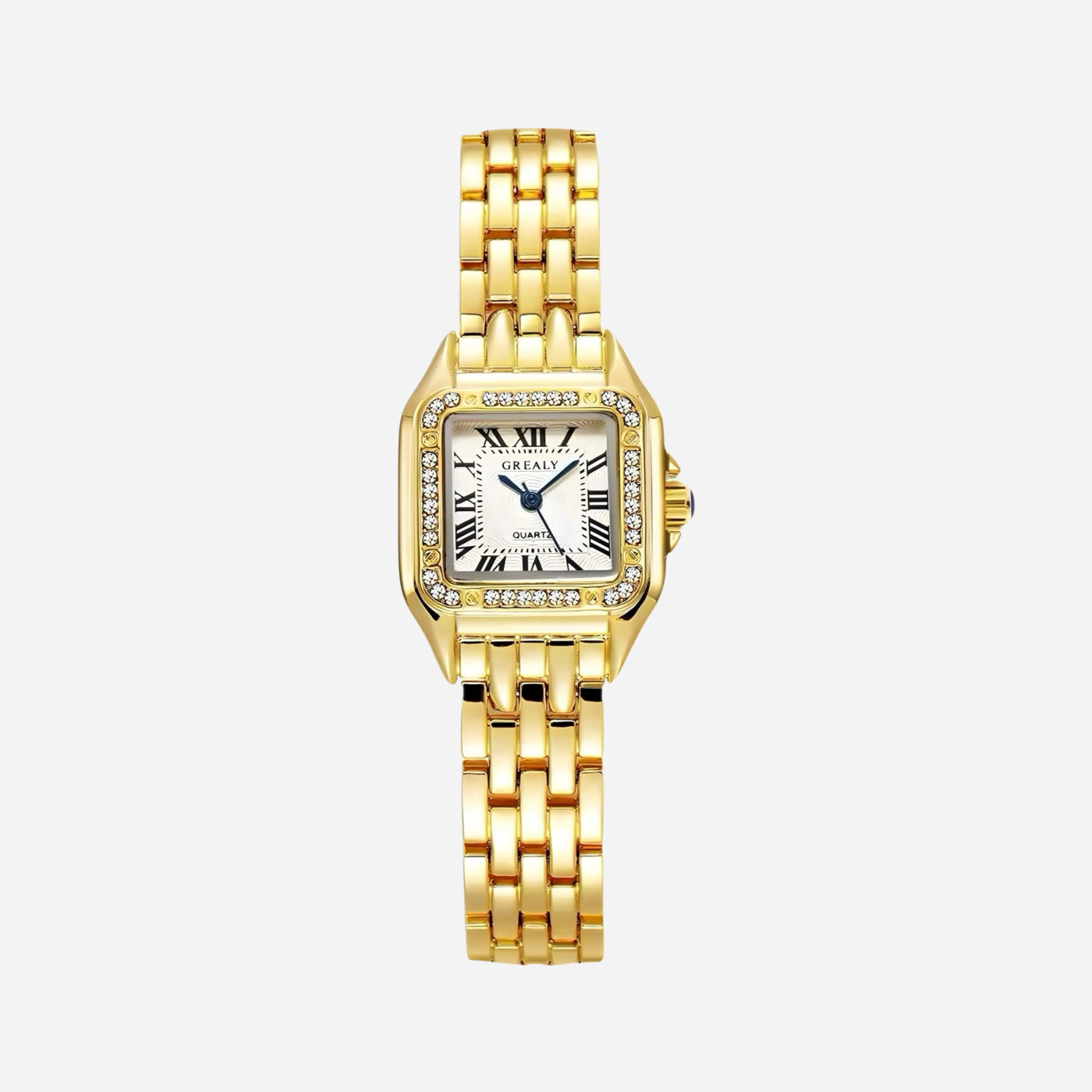 Reloj Cuadrado Elara dorado con circonitas alrededor de la esfera