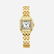 Reloj Cuadrado Elara dorado con circonitas alrededor de la esfera