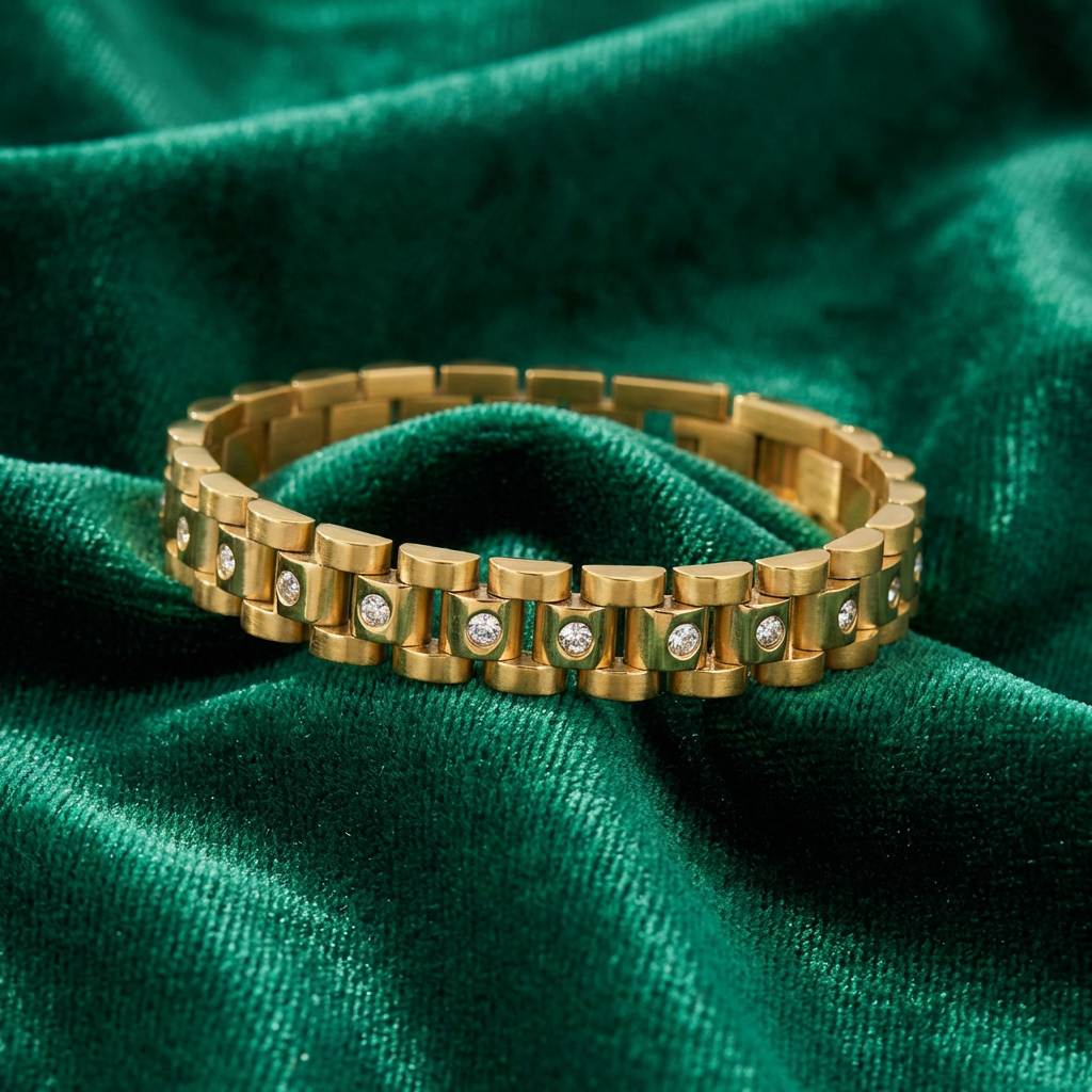 Pulsera Eslabones Brillantes Elora dorada sobre terciopelo verde