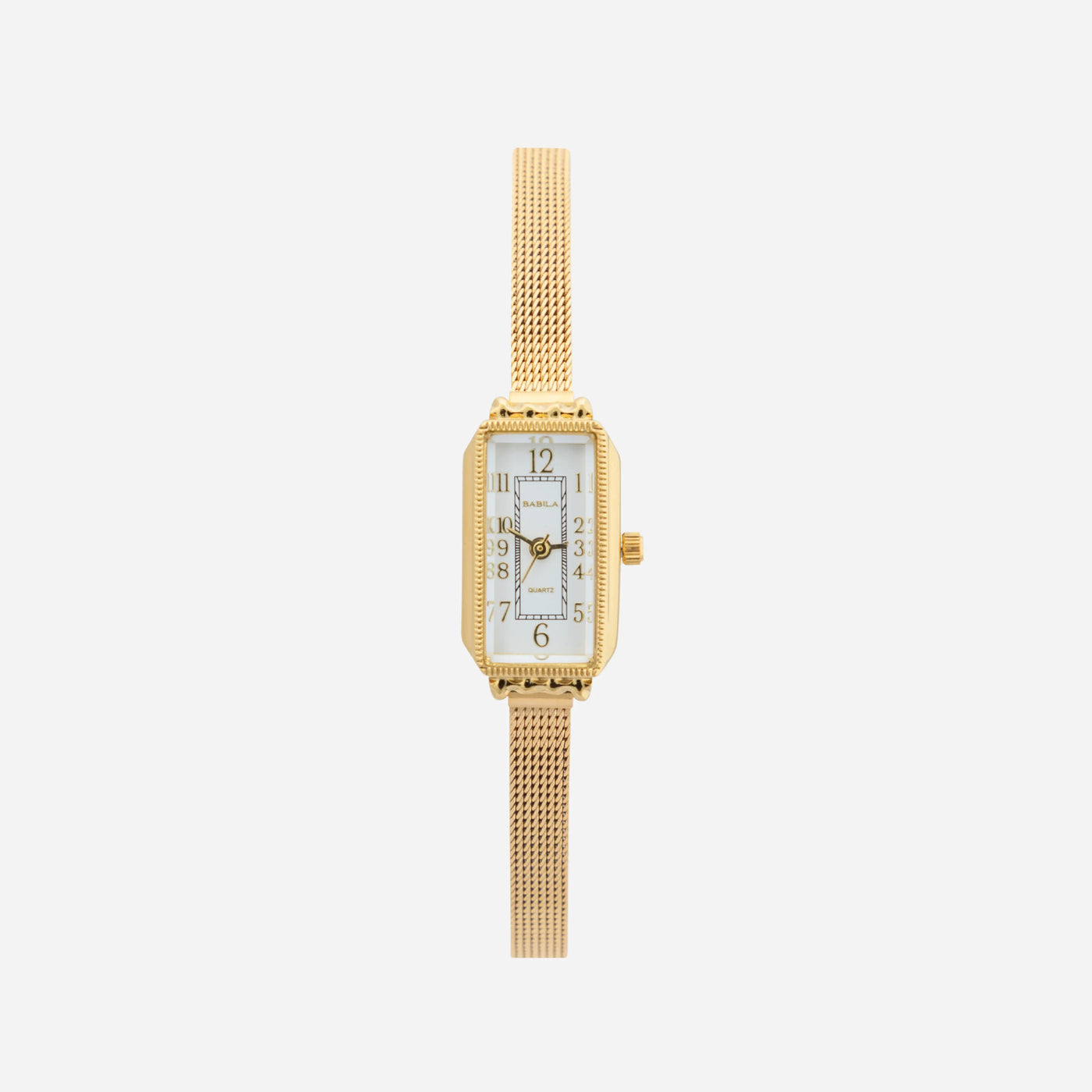 Reloj Rectangular Celeste dorado de acero inoxidable sobre fondo blanco