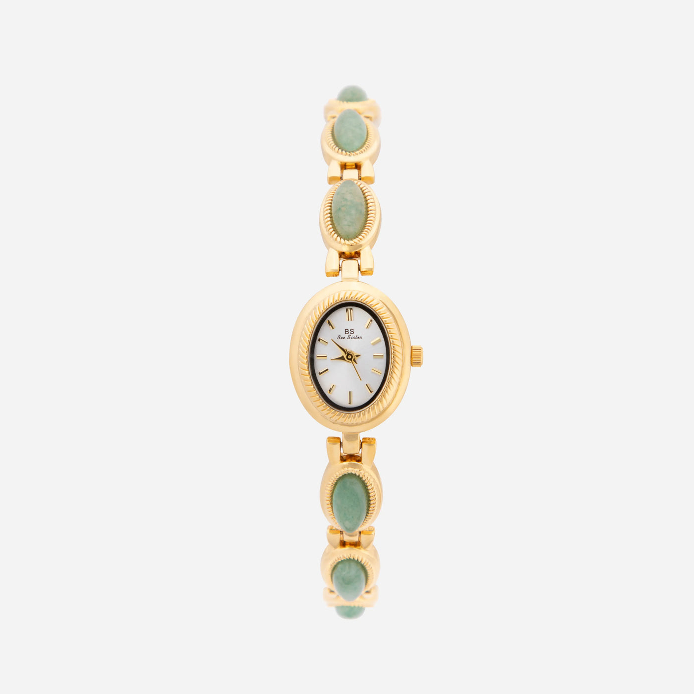 Reloj Rectangular Nerina dorado con detalles verde esmeralda sobre fondo claro