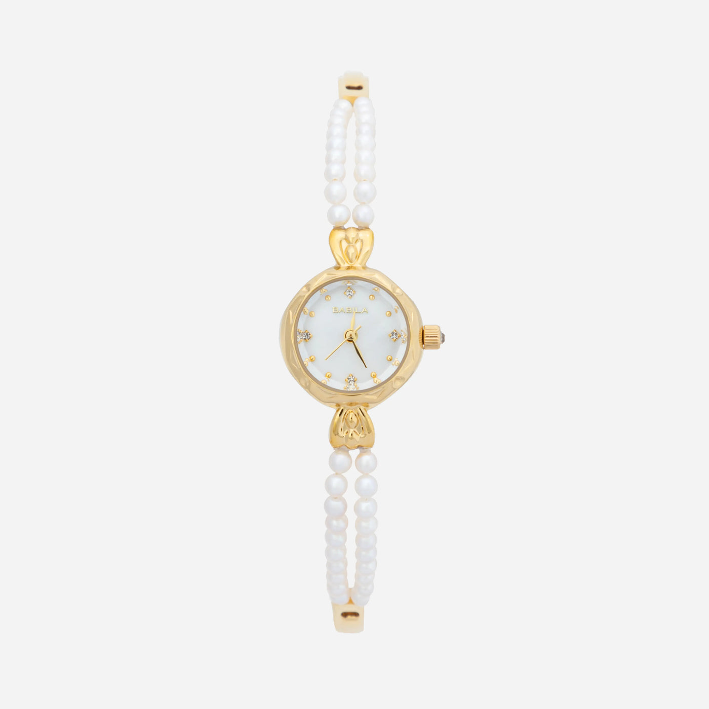 Reloj Perlado Mireya dorado con esfera redonda y pulsera blanca