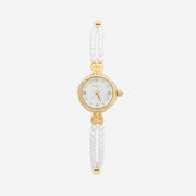 Reloj Perlado Mireya dorado con esfera redonda y pulsera blanca