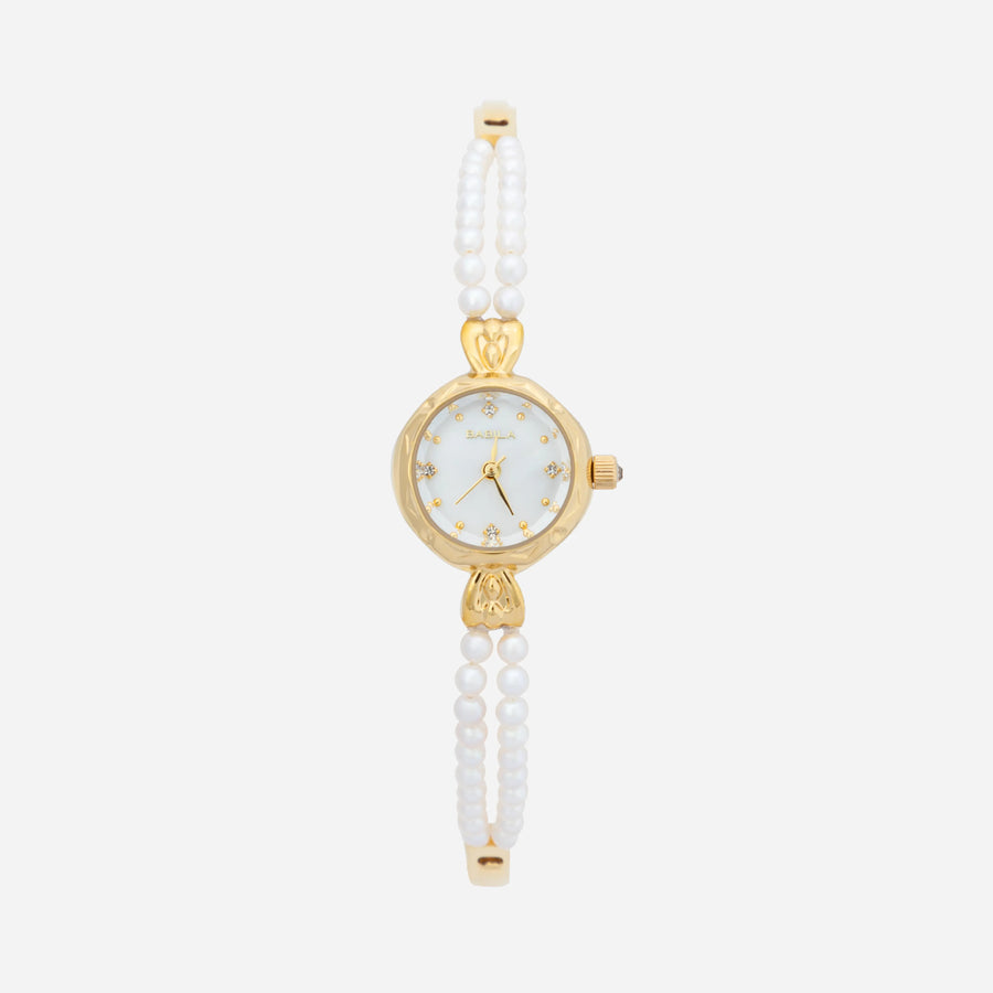 Reloj Perlado Mireya dorado con esfera redonda y pulsera blanca