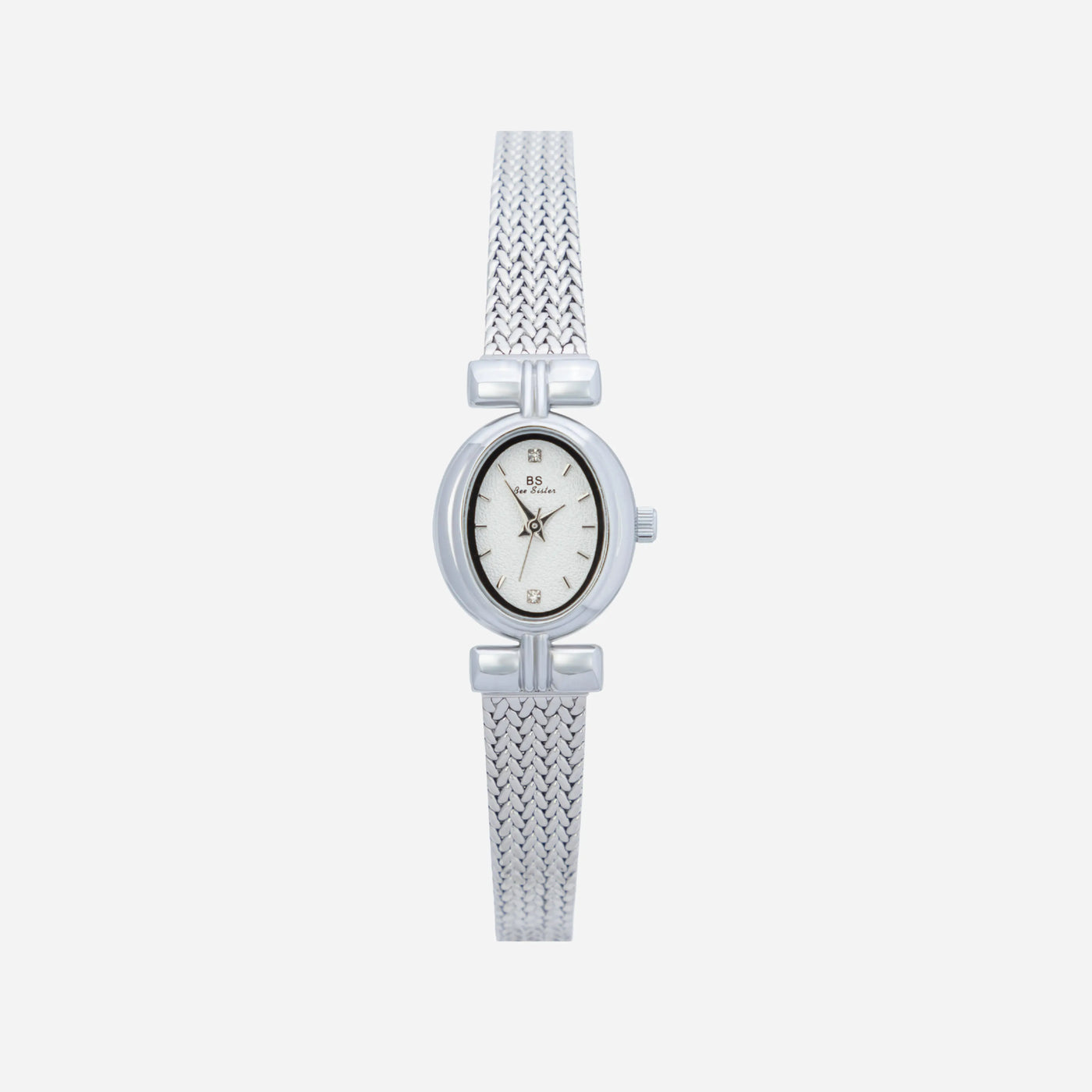 Reloj Ovalado Aurelia plateado con esfera blanca sobre fondo claro