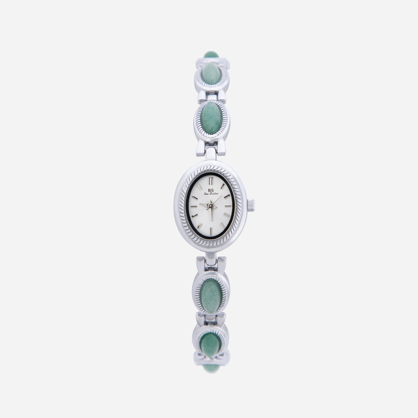 Reloj Rectangular Nerina plateado con detalles verde esmeralda sobre fondo claro