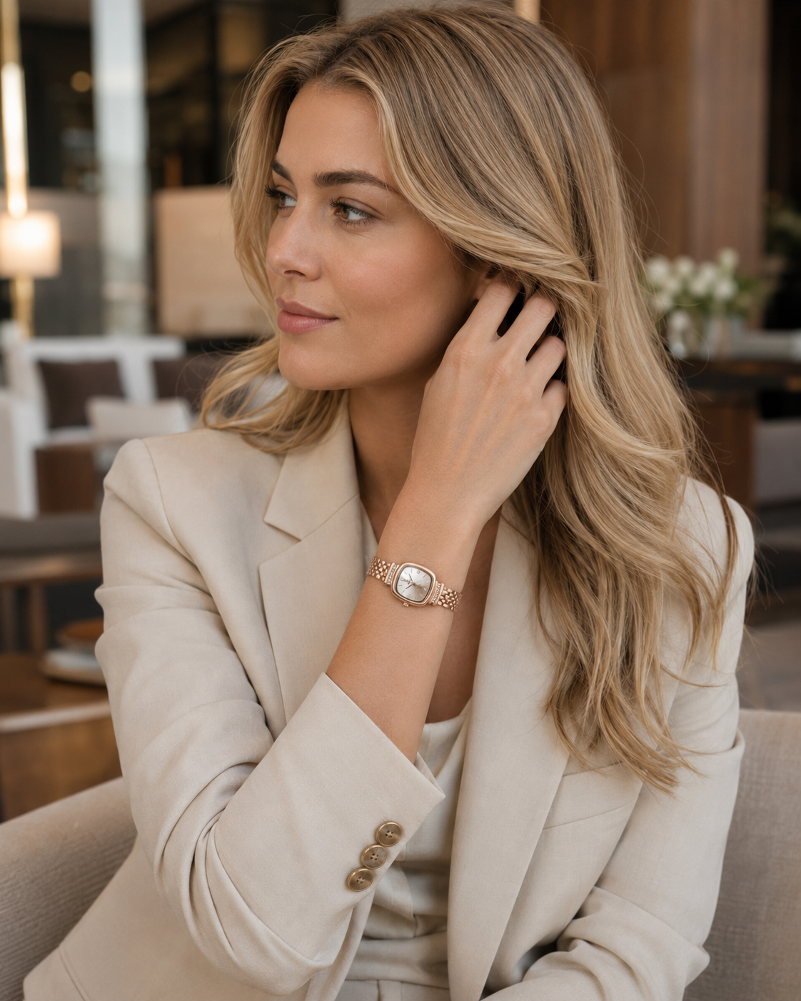 Mujer llevando el Reloj Cuadrado Roselia en oro rosa en la muñeca