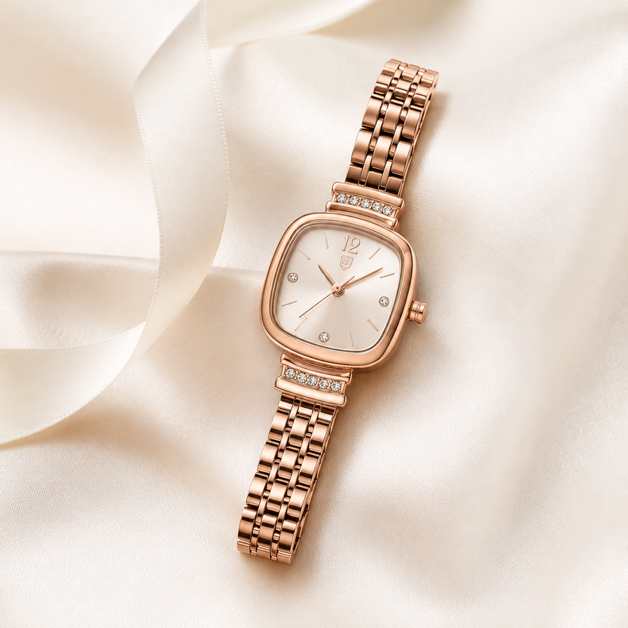 Reloj Cuadrado Roselia en oro rosa sobre una superficie de color crema