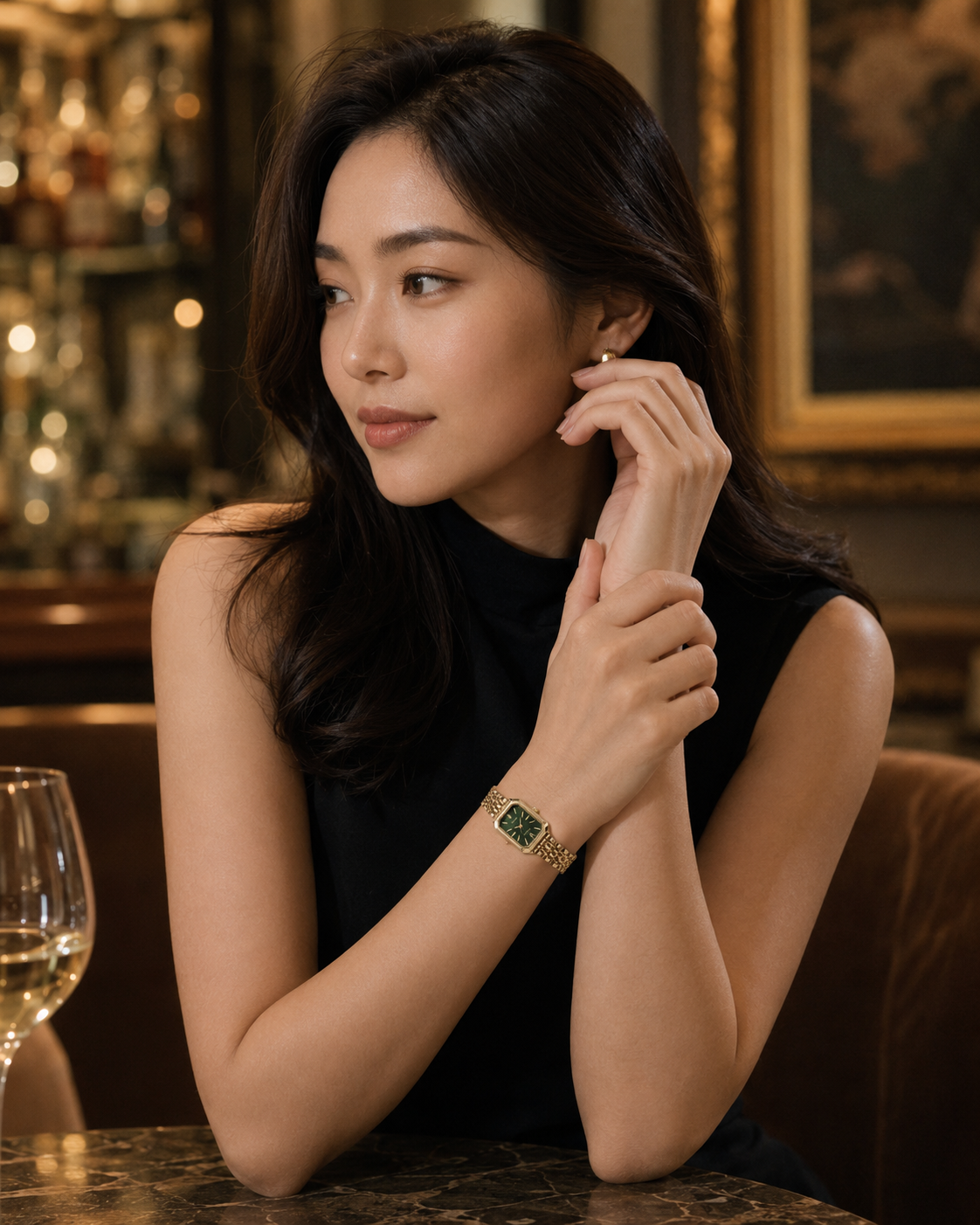 Mujer llevando el Reloj Rectangular Liora con esfera verde en la muñeca