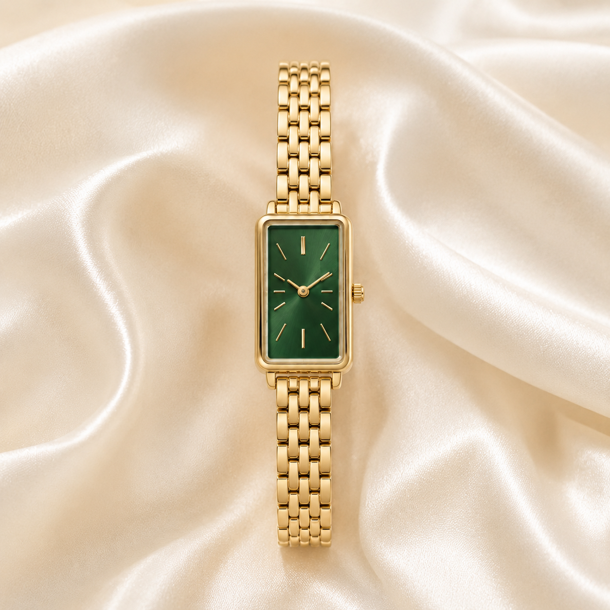 Reloj Rectangular Liora dorado con esfera verde sobre satén claro