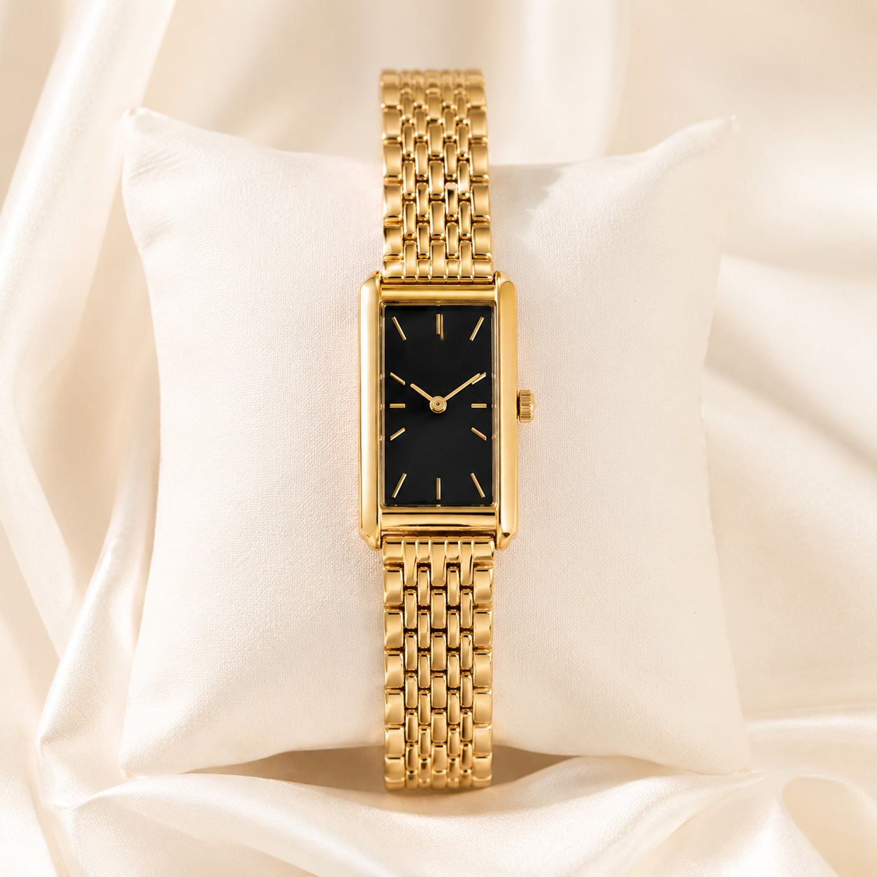 Reloj Rectangular Liora con esfera negra presentado sobre un cojín claro