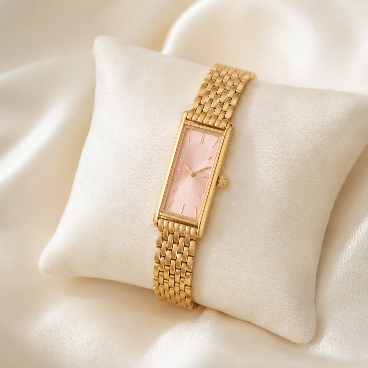 Reloj Rectangular Liora con esfera rosa presentado sobre un cojín claro