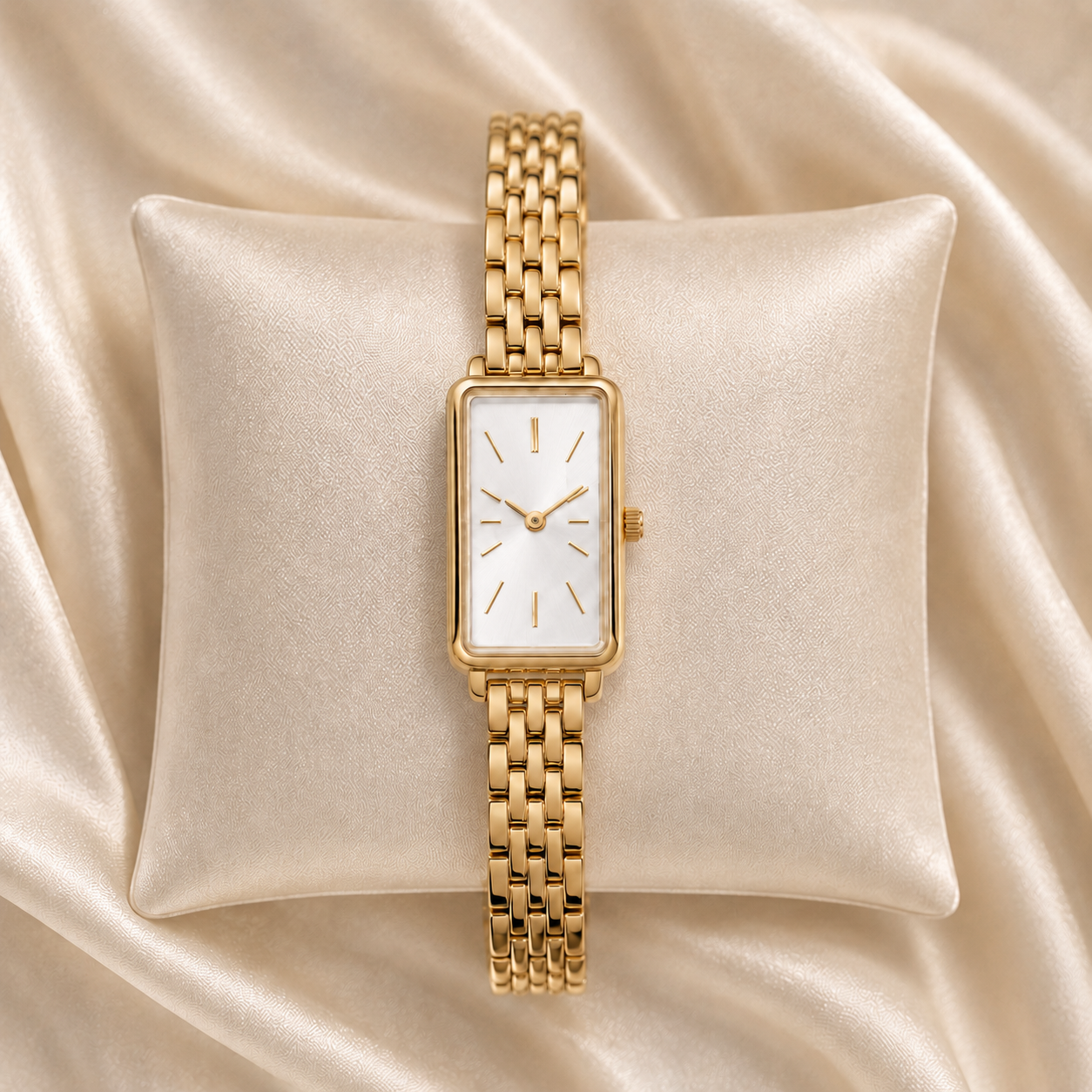 Reloj Rectangular Liora con esfera blanca presentado sobre un cojín claro