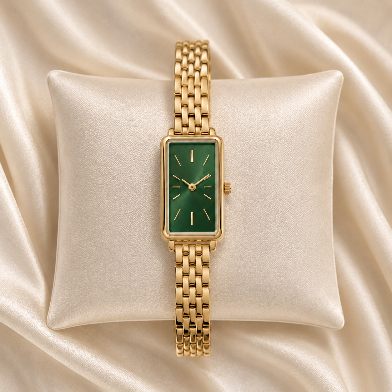 Reloj Rectangular Liora con esfera verde presentado sobre un cojín claro
