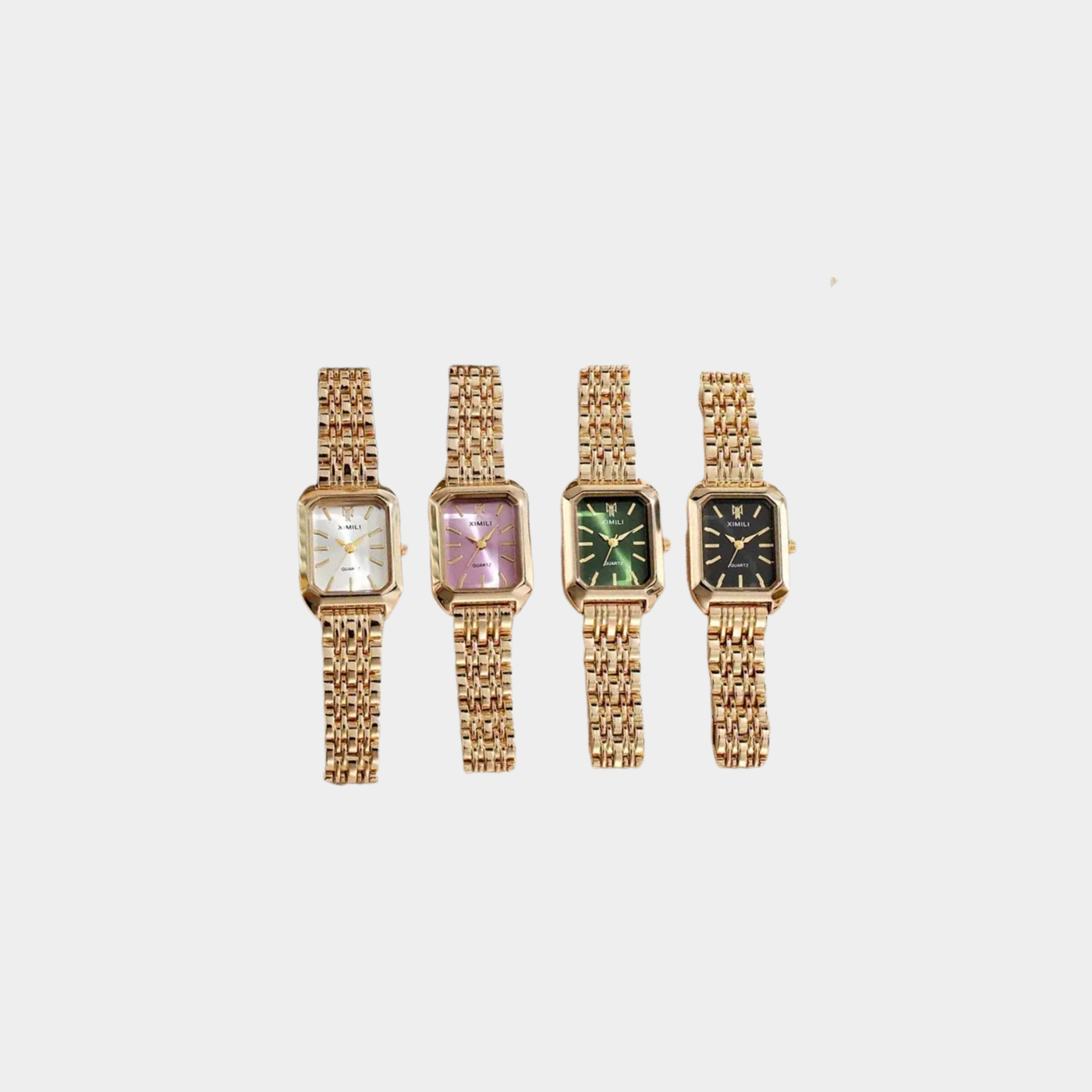 Reloj Rectangular Liora dorado con esferas blanca, rosa, verde y negra