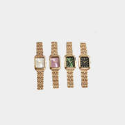 Reloj Rectangular Liora dorado con esferas blanca, rosa, verde y negra