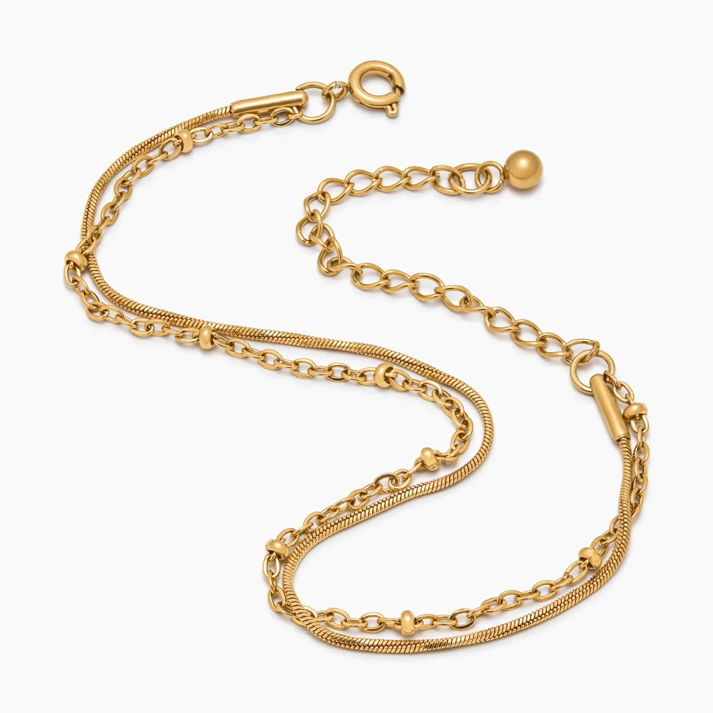 Pulsera Doble Cadena Selene con cadena de serpiente y esferas doradas