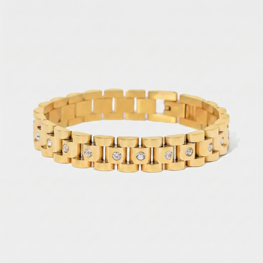 Pulsera Eslabones Brillantes Elora dorada sobre fondo blanco